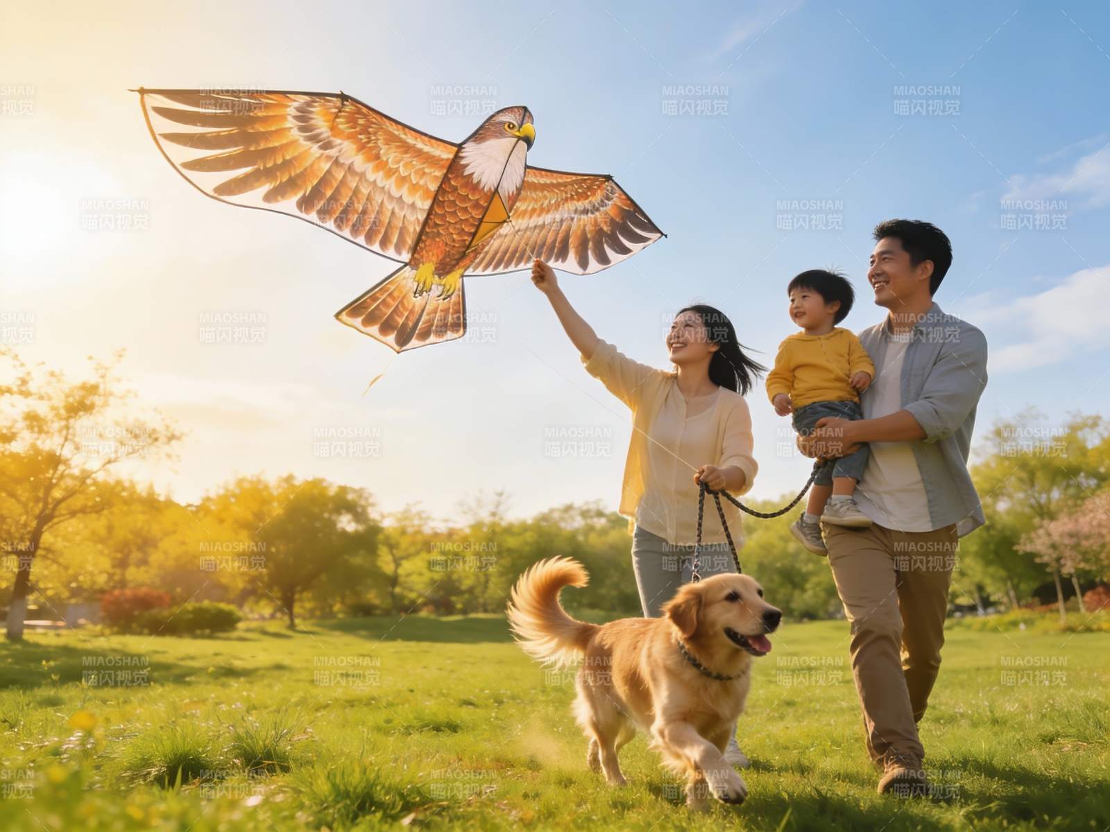 家庭户外放风筝与宠物狗图片
