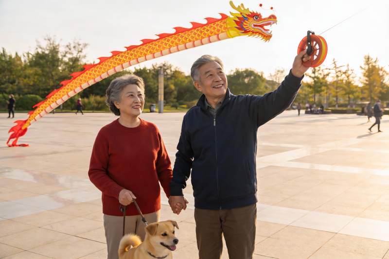 老年夫妇公园放龙风筝图片