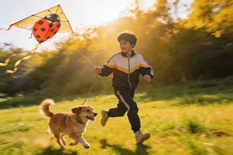 男孩放飞瓢虫风筝与狗奔跑图片
