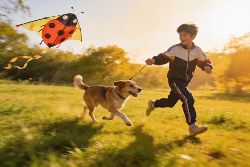 男孩与狗狗草地上放飞瓢虫风筝图片