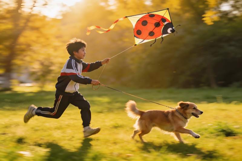 男孩草地上放飞瓢虫风筝图片