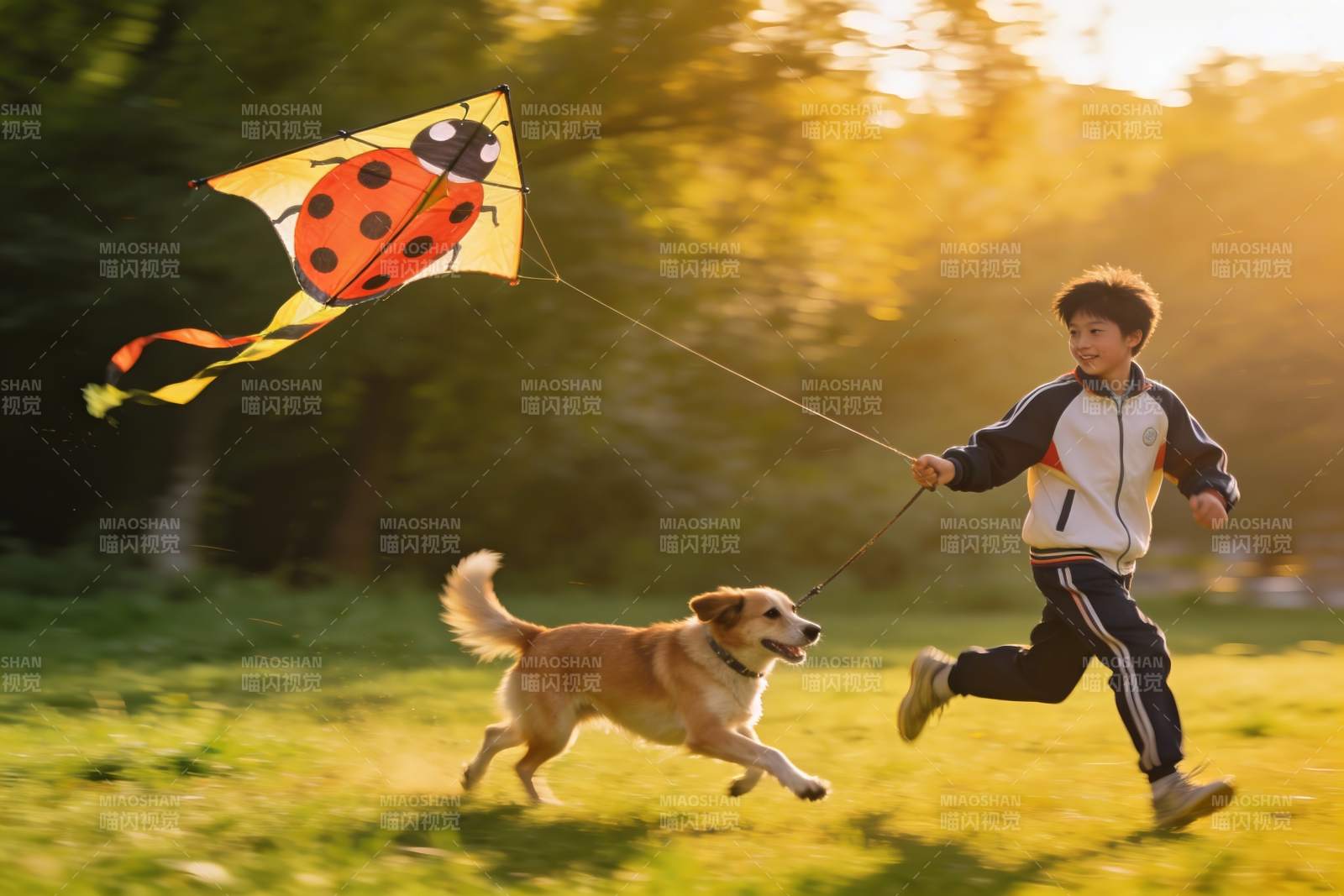男孩与狗狗户外放风筝图片