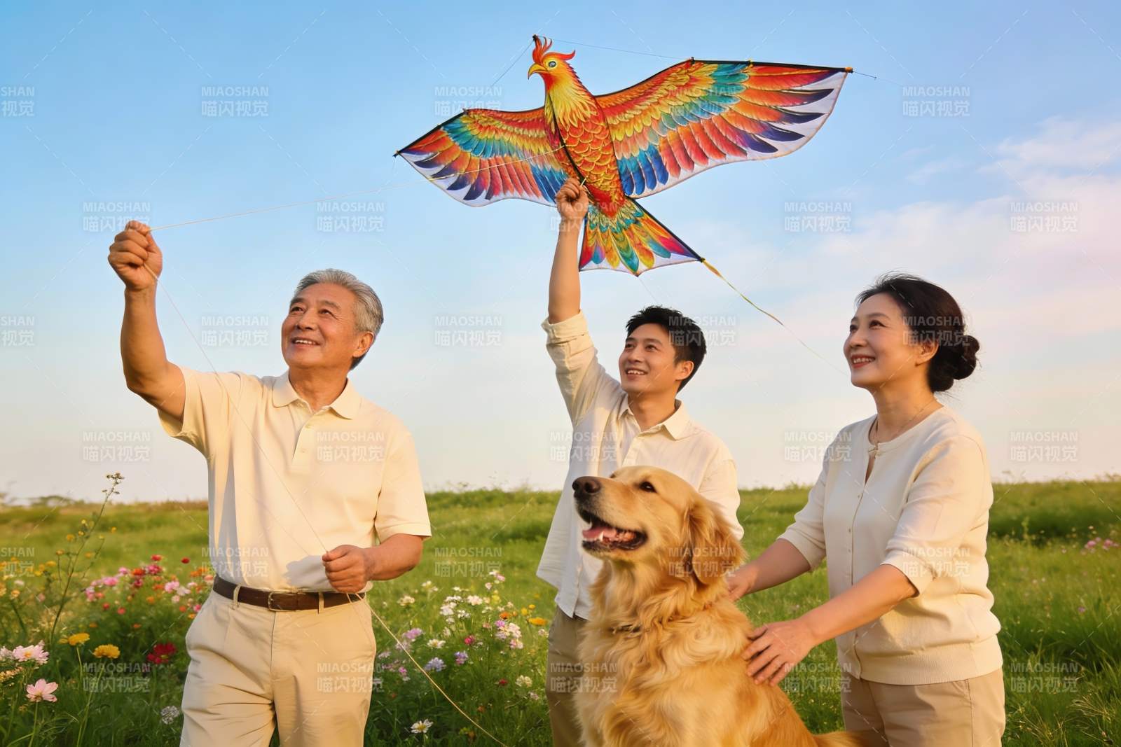 三代同框放飞凤凰风筝图片