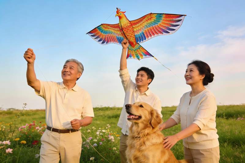 三代同框放飞凤凰风筝图片