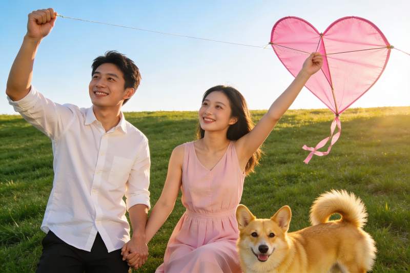 情侣草地放飞爱心风筝图片