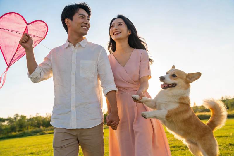 情侣放风筝与狗狗户外欢乐时光图片