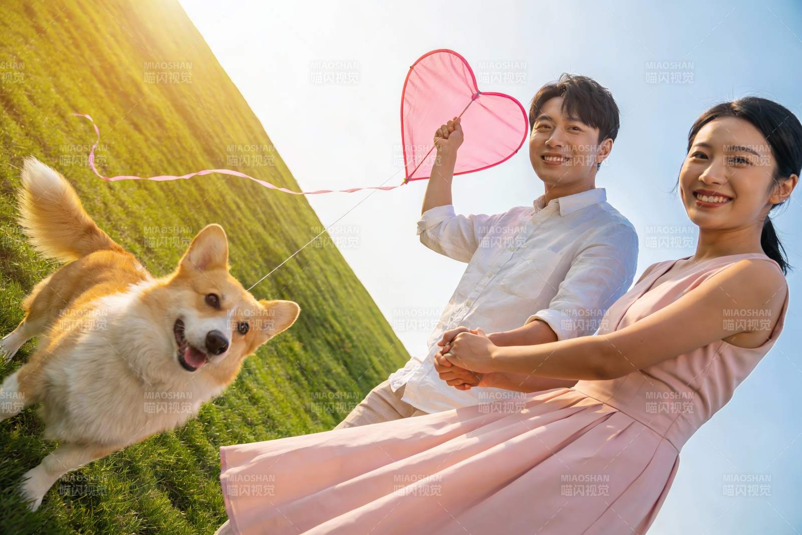 情侣草地放风筝与柯基犬图片