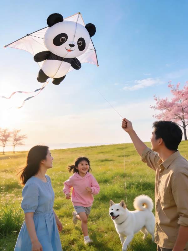 家庭户外放熊猫风筝欢乐场景图片