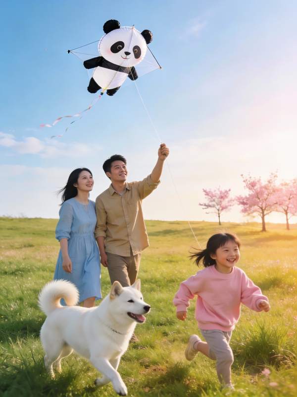 一家三口草地上放熊猫风筝图片