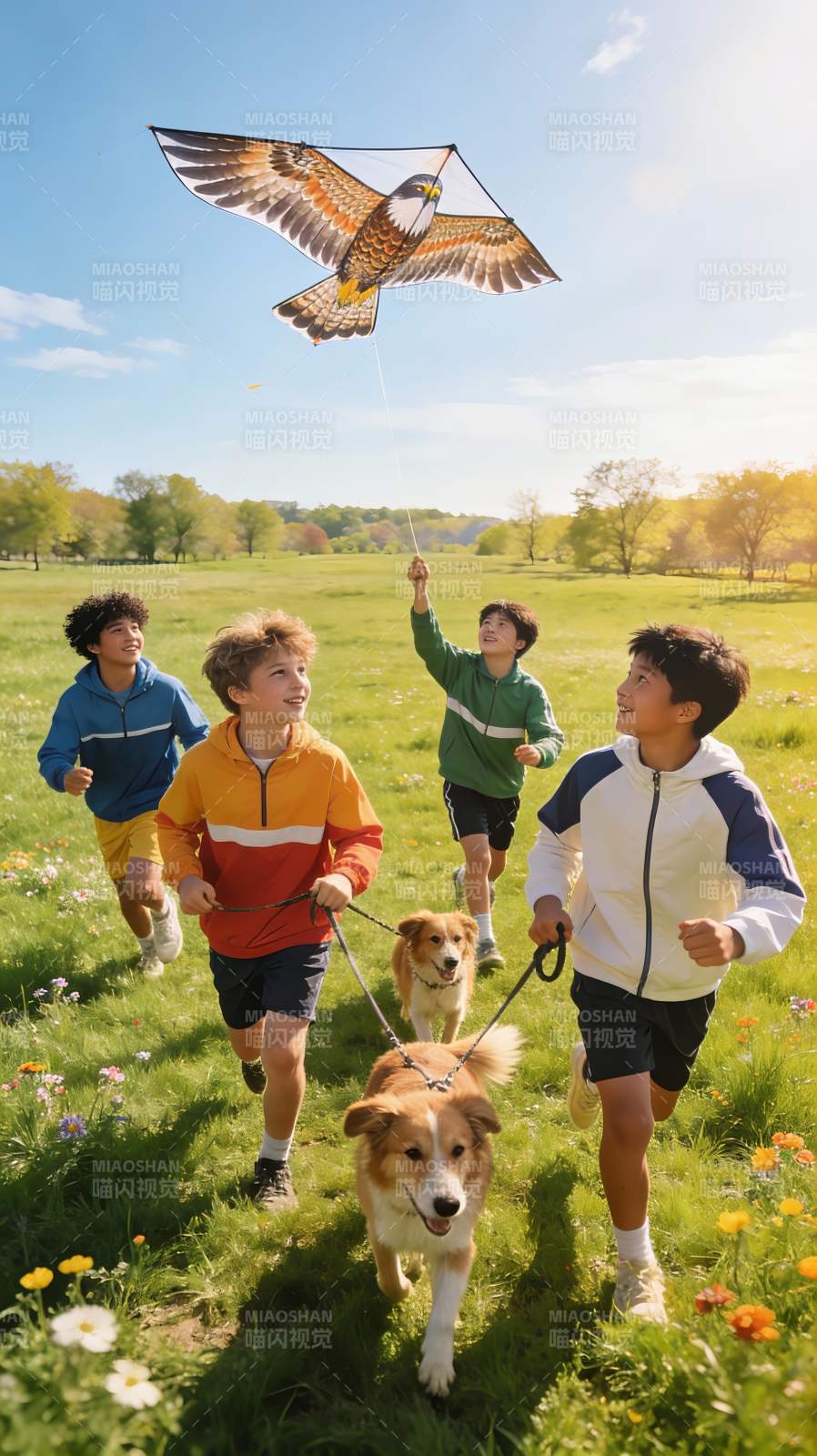 男孩放鹰风筝与狗奔跑图片