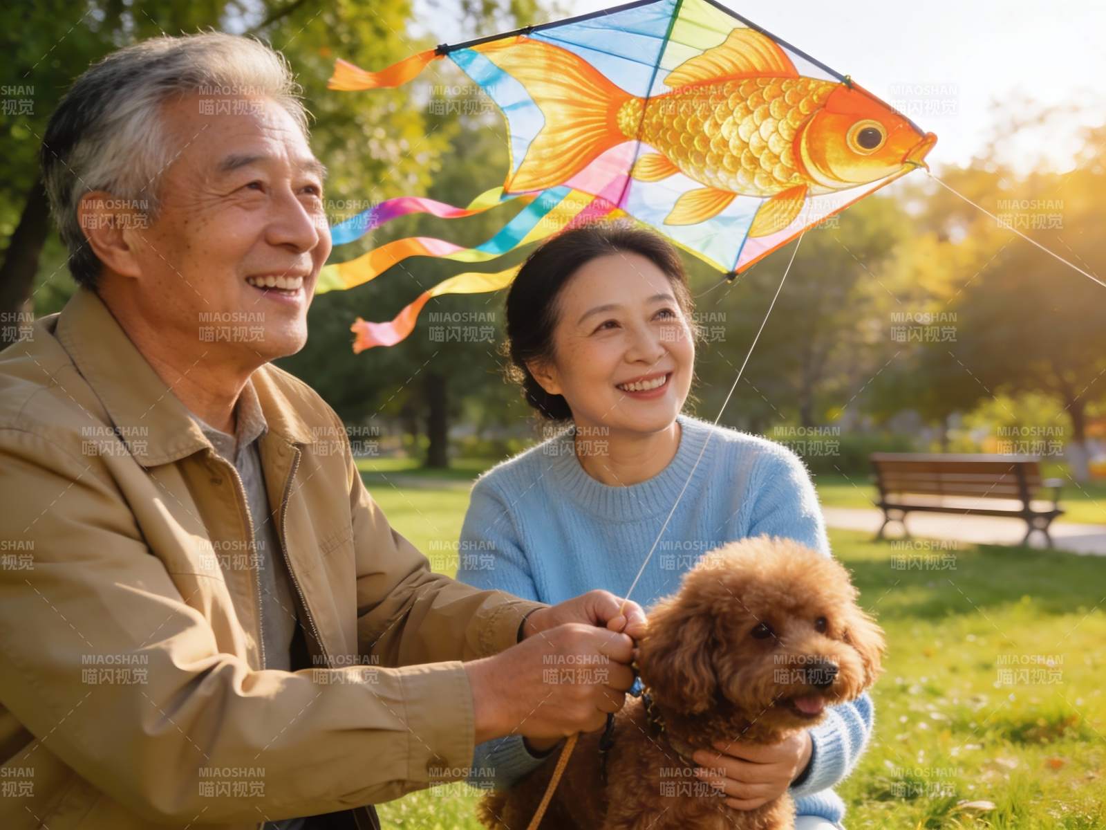 公园放风筝遛狗的幸福老人图片