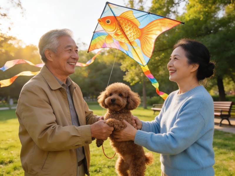 公园老人放风筝与宠物狗图片