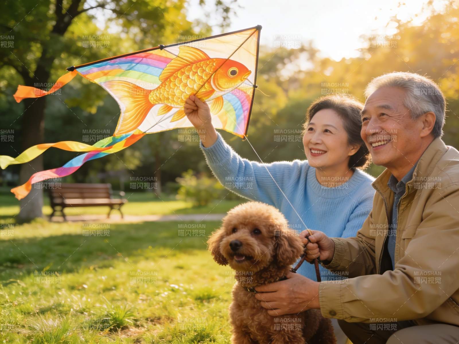 老夫妇公园放风筝与宠物狗图片