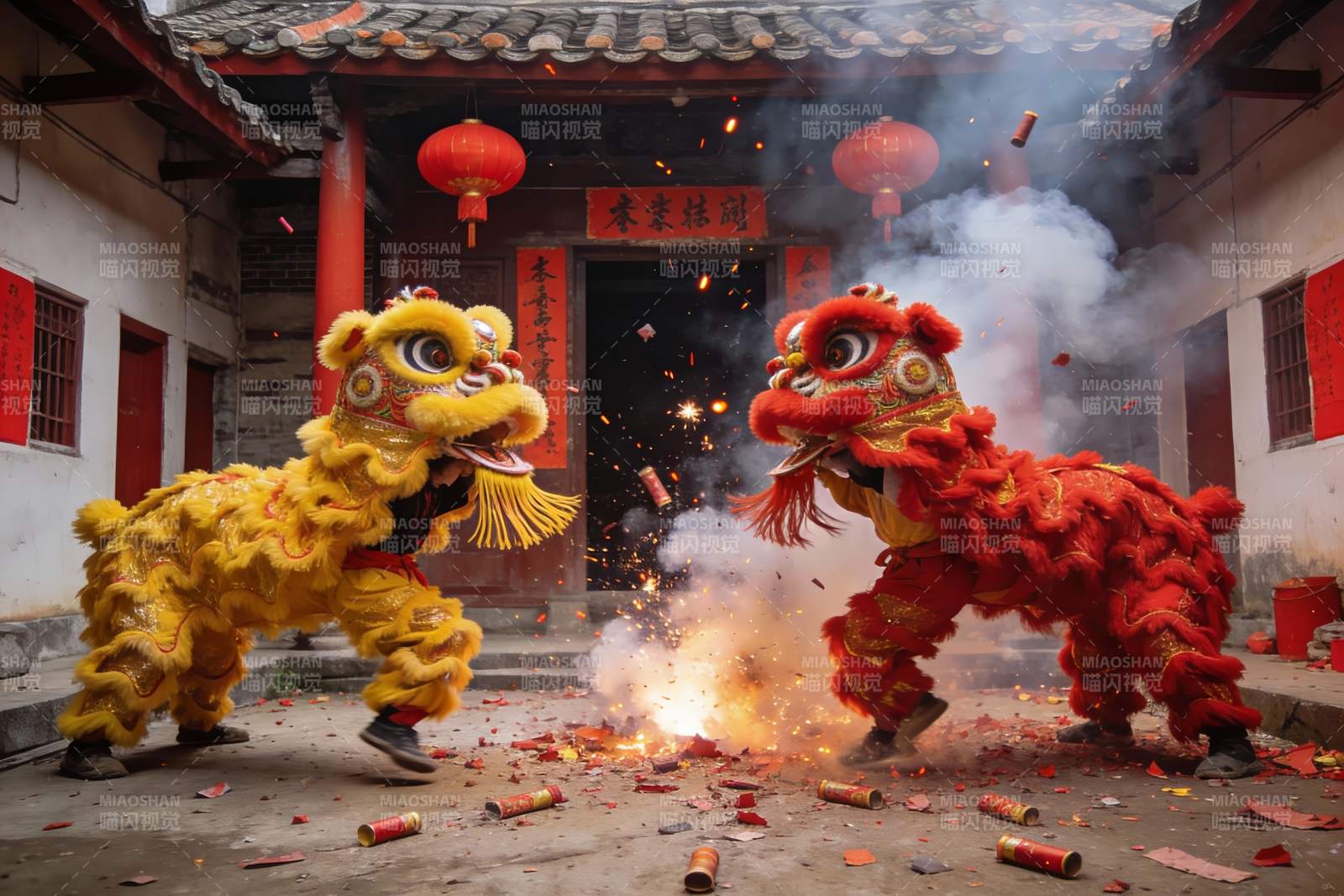 舞狮表演烟花四溅热闹非凡图片
