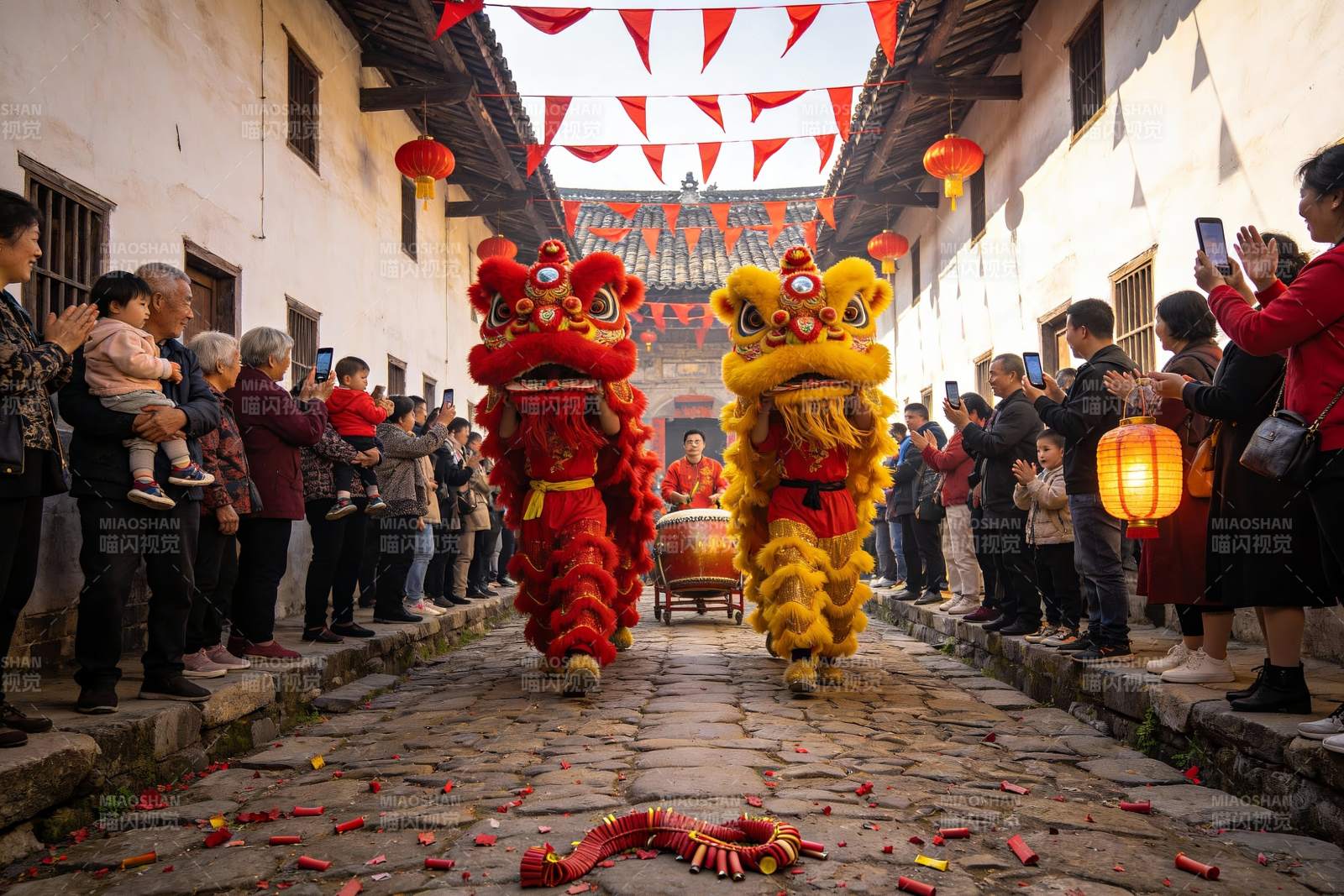 古街舞狮表演热闹非凡图片