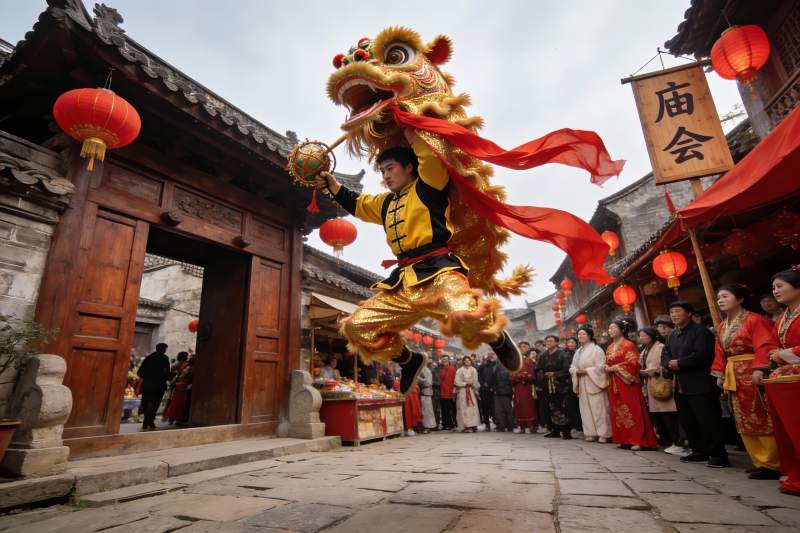 古街舞狮表演热闹非凡图片