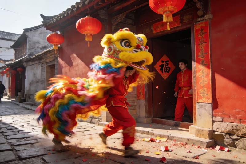 街头舞狮表演热闹非凡图片