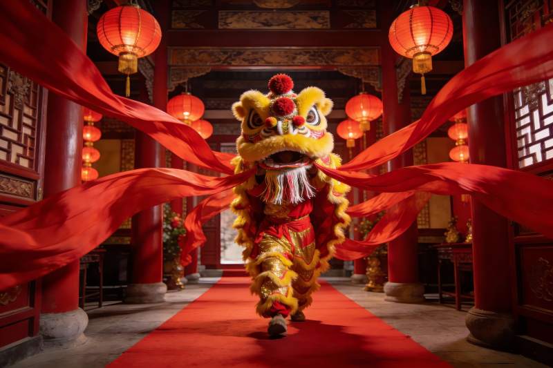 舞狮表演红毯行进图片