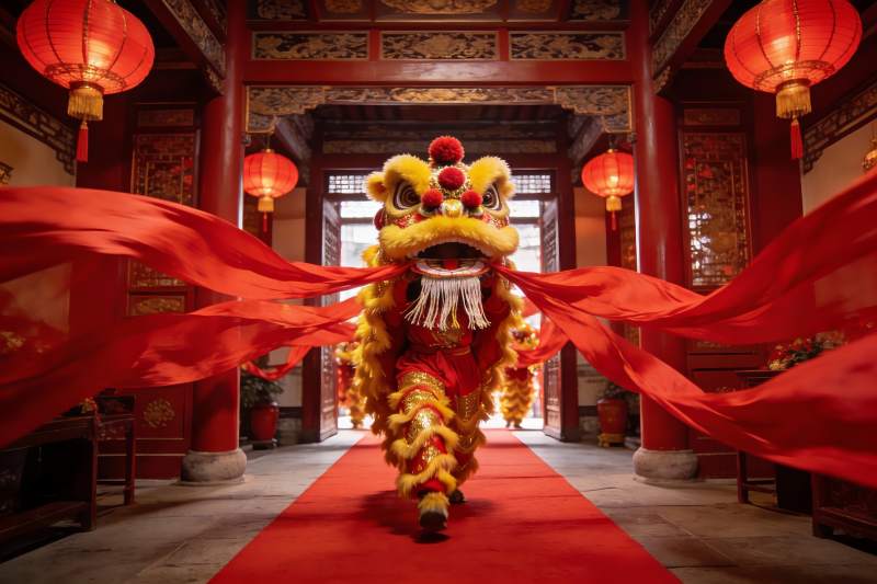 传统舞狮表演在古建筑内图片