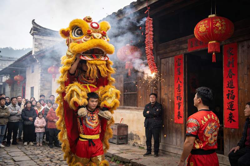 传统舞狮表演热闹非凡图片