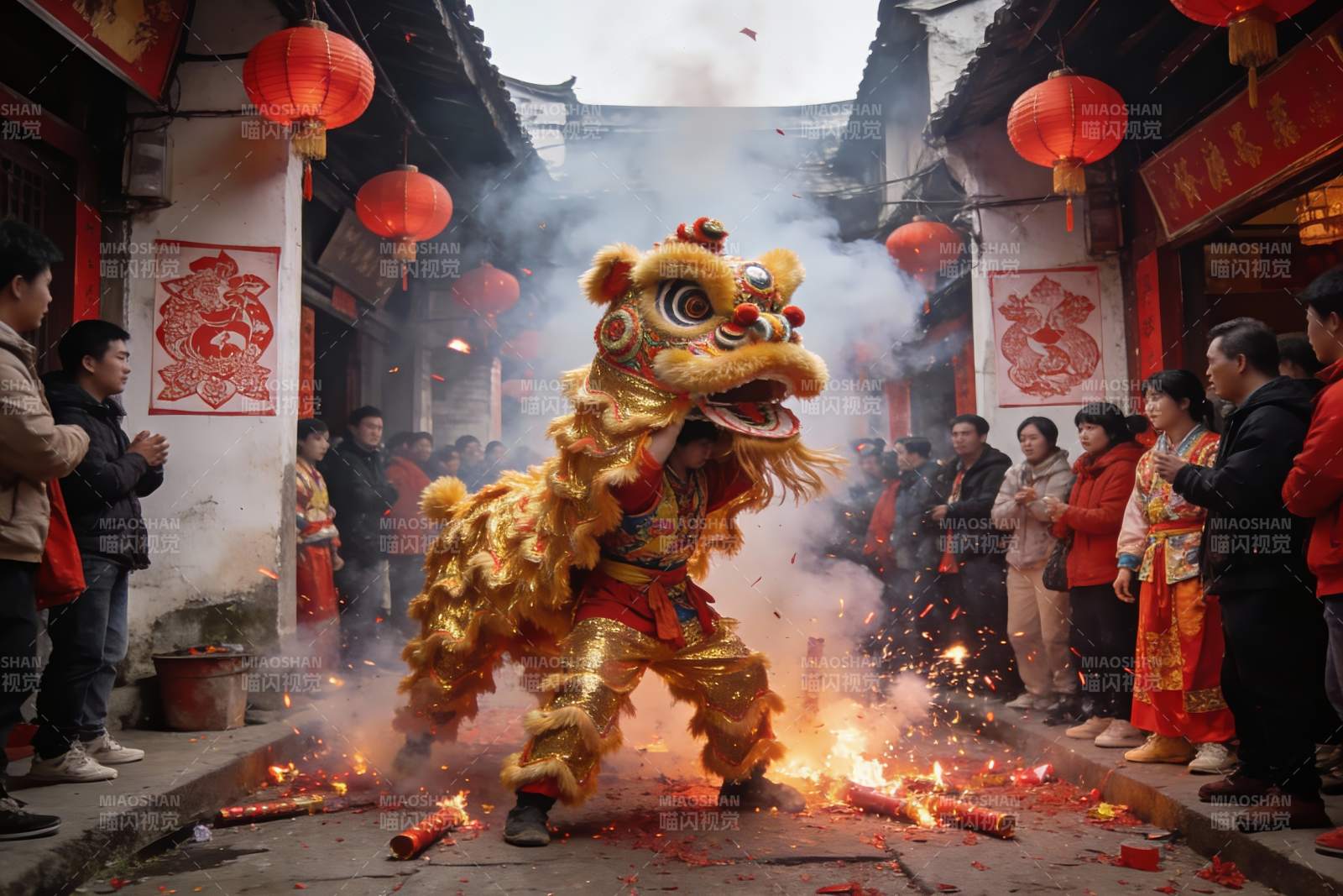 街头舞狮表演热闹非凡图片