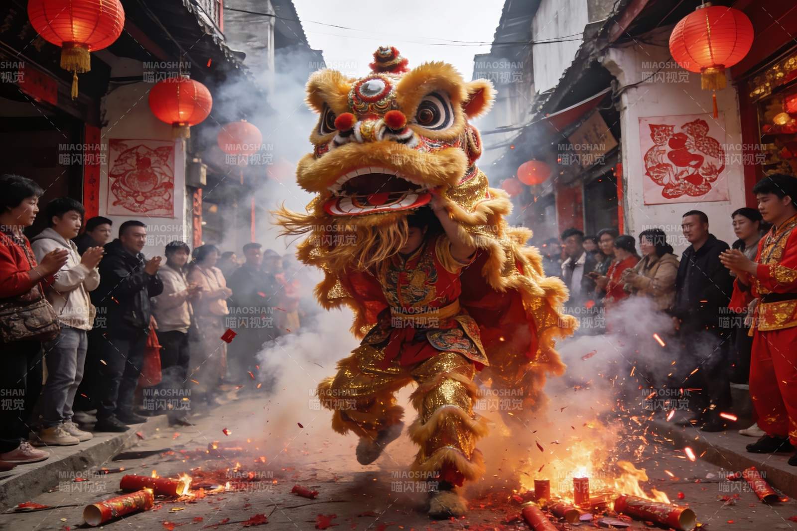 街头舞狮表演热闹非凡图片