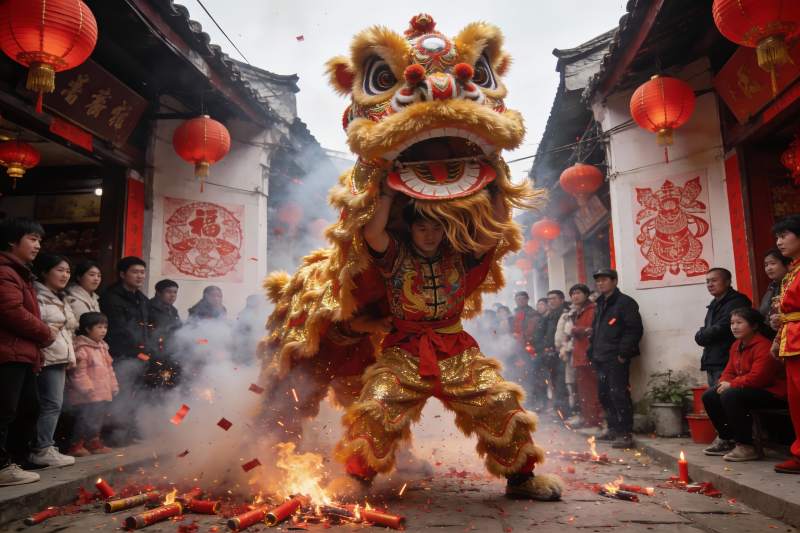 街头舞狮表演热闹非凡图片