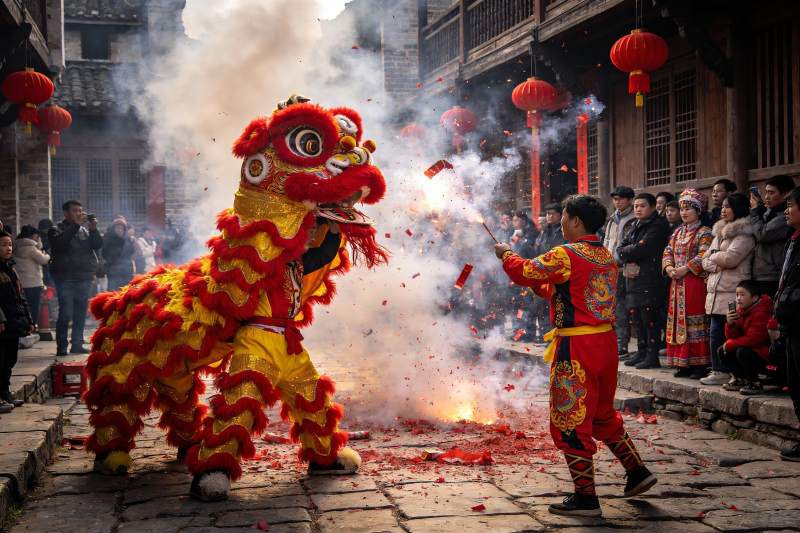 街头舞狮表演热闹非凡图片
