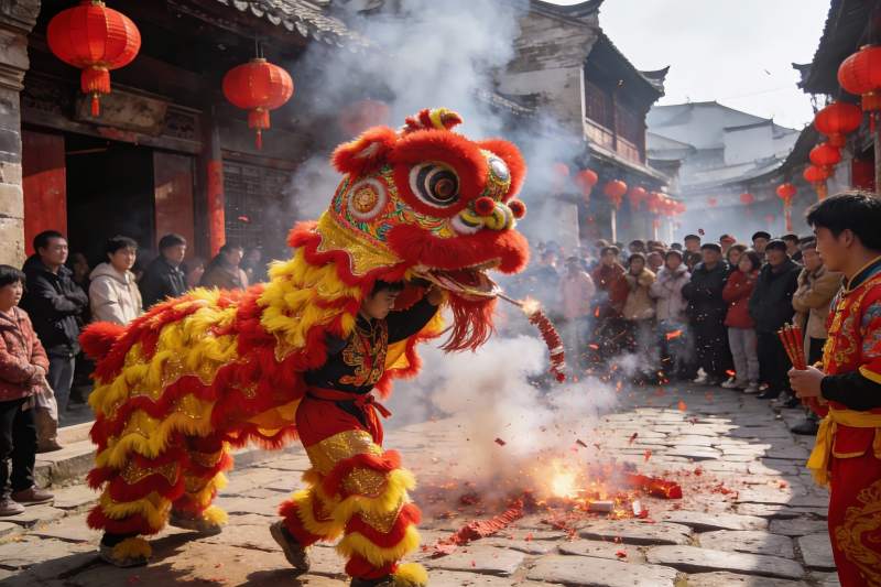 街头舞狮表演热闹非凡图片