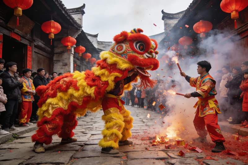 街头舞狮表演热闹非凡图片