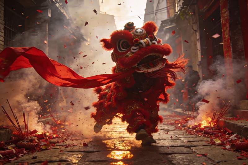 红狮舞动鞭炮齐鸣街头喜庆图片