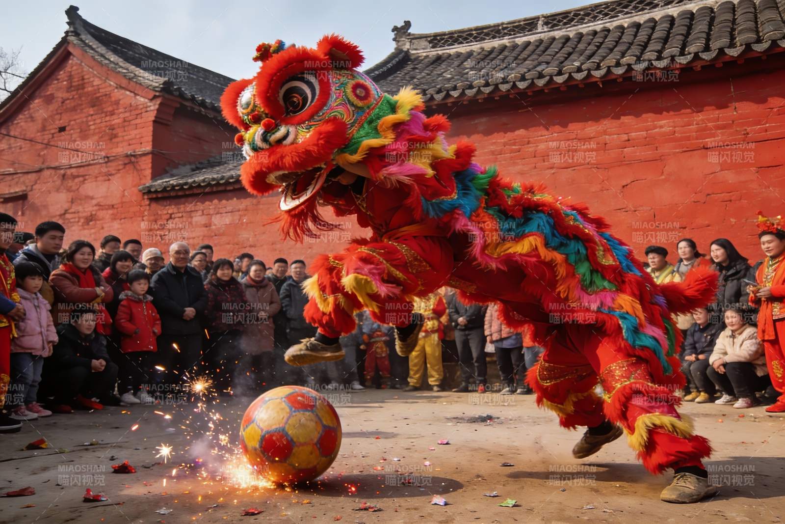 舞狮表演火花四溅热闹非凡图片