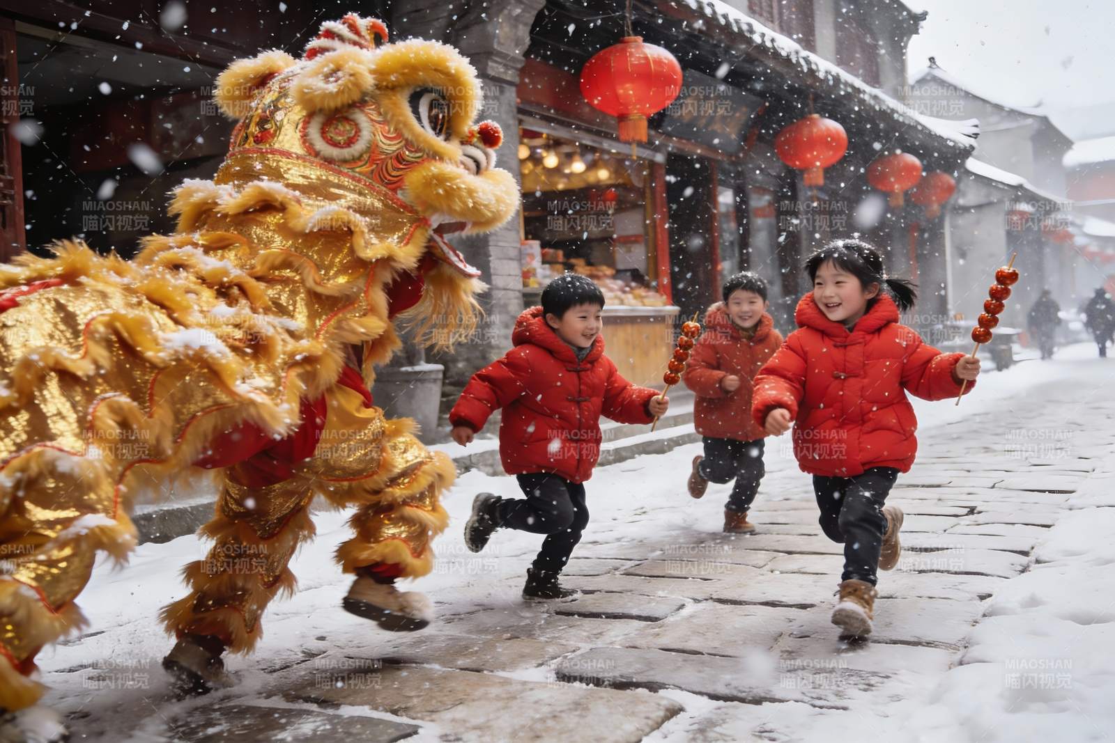 雪中舞狮孩童嬉戏欢乐场景图片