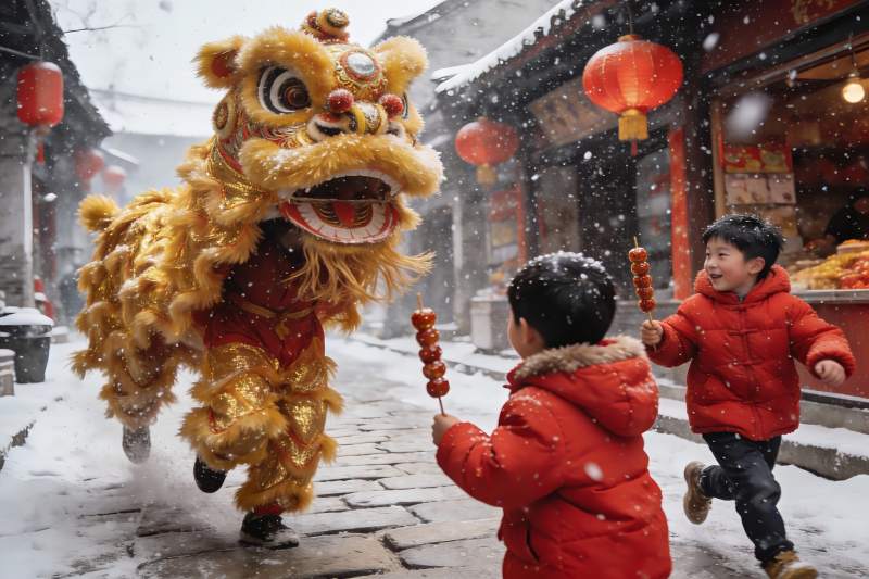 雪中舞狮孩童追逐欢乐场景图片