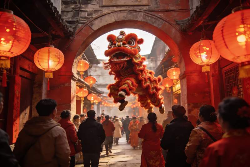 古街舞狮庆典热闹非凡图片