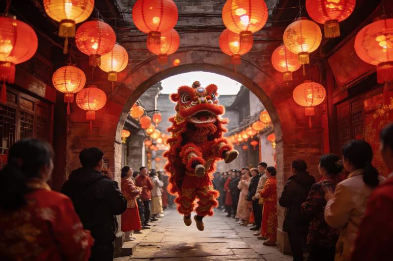 红灯笼下舞狮表演热闹非凡图片