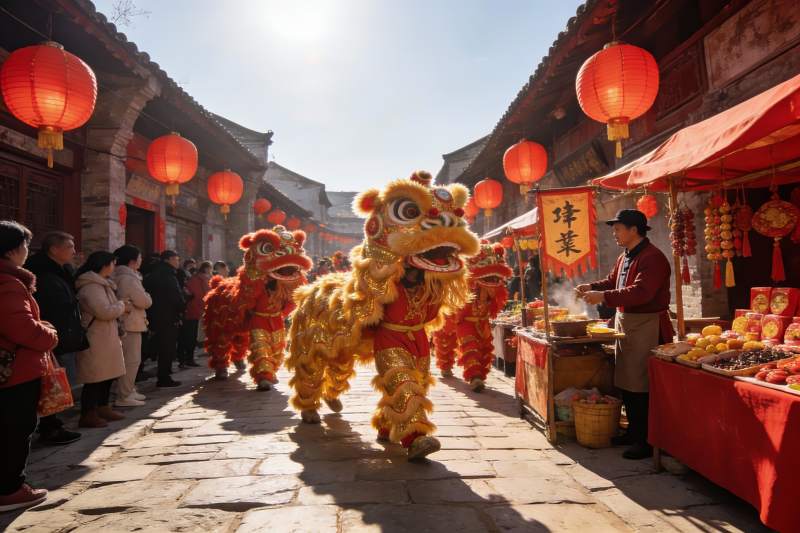 古街舞狮热闹非凡图片