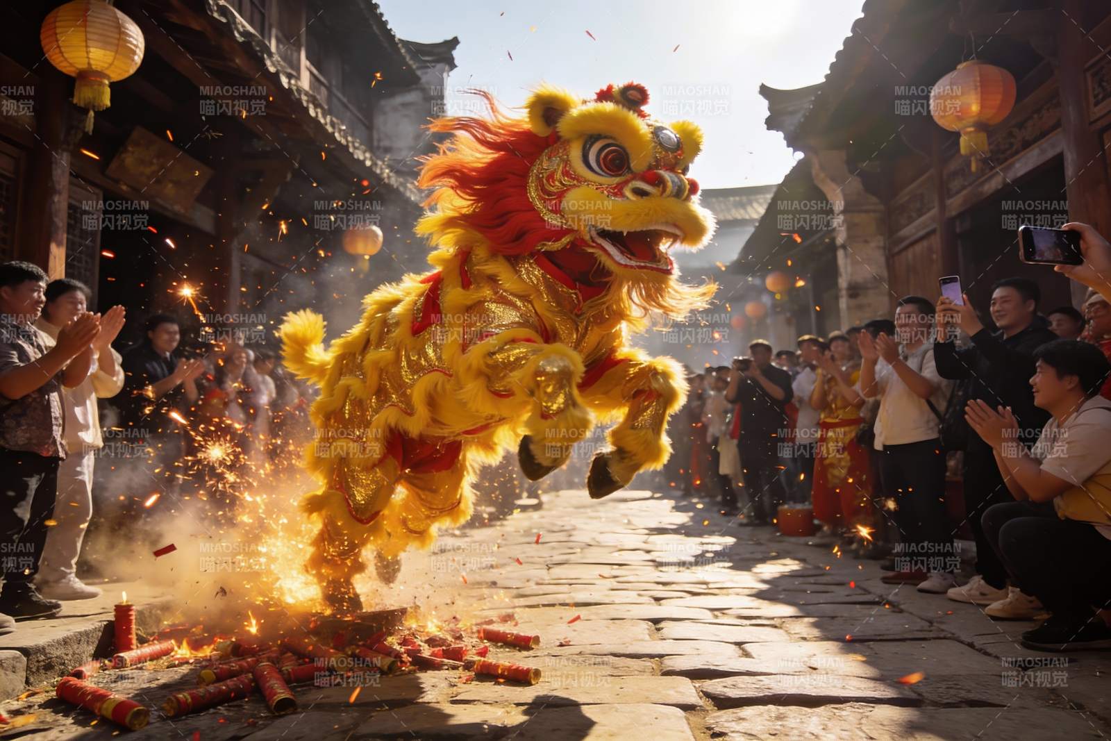 街头舞狮表演热闹非凡图片