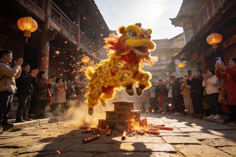 传统舞狮表演热闹非凡图片