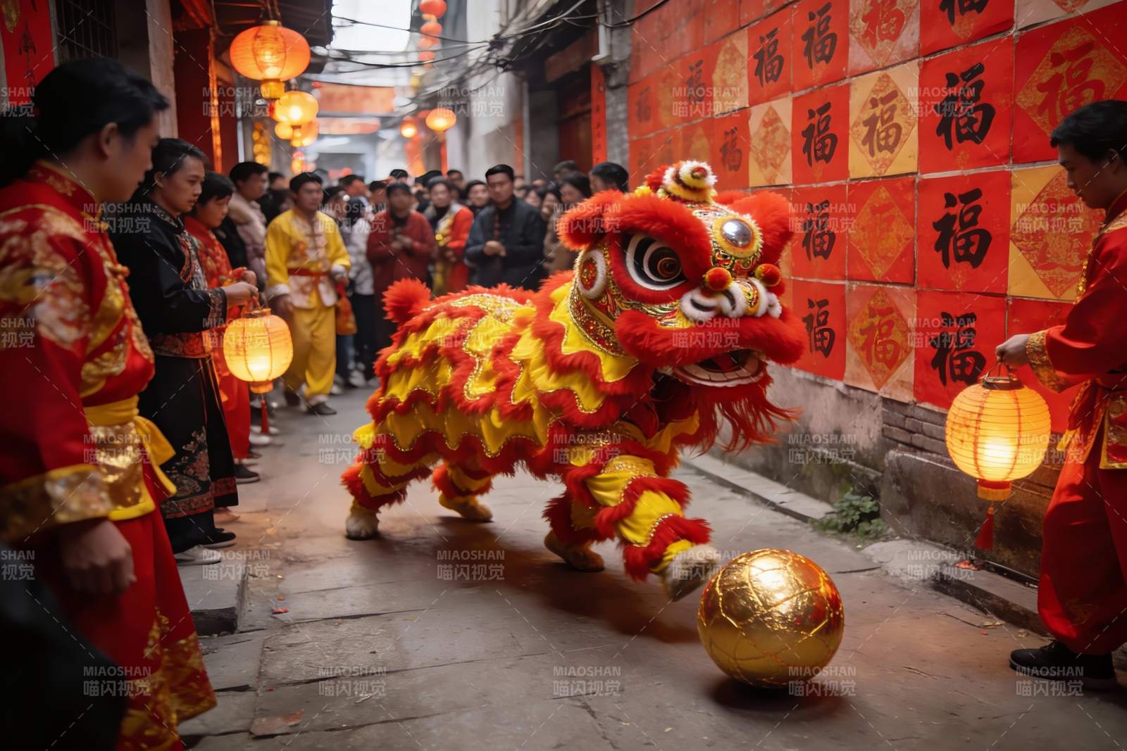 街头舞狮表演热闹非凡图片