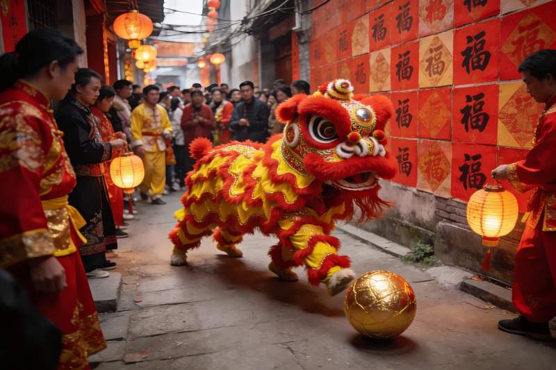 街头舞狮表演热闹非凡图片