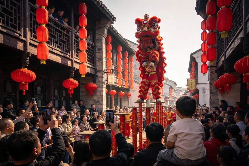 街头舞狮表演热闹非凡图片