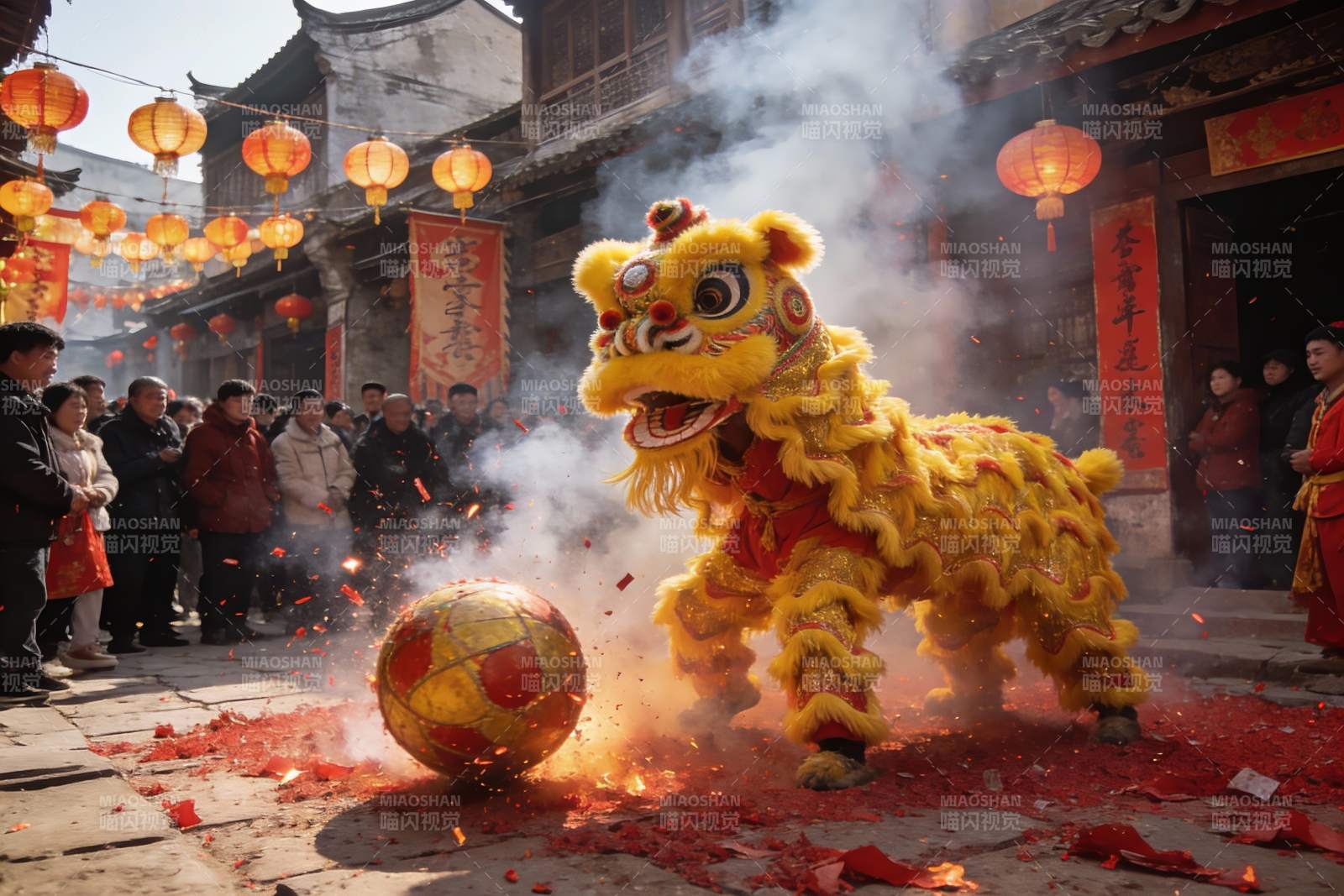 街头舞狮表演热闹非凡图片