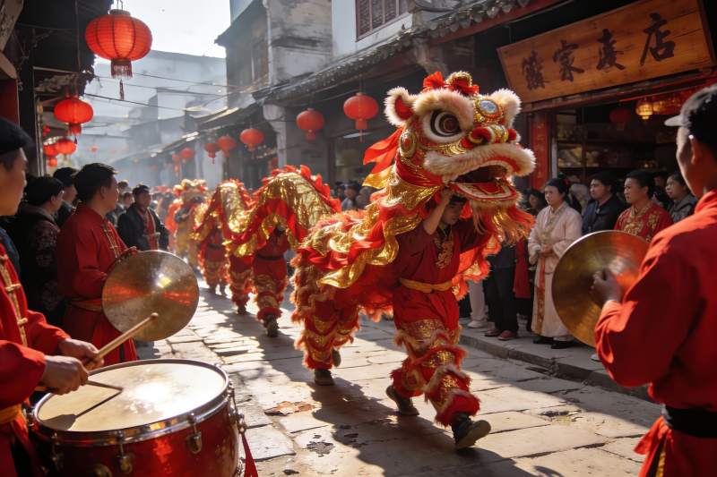 街头舞狮表演热闹非凡图片