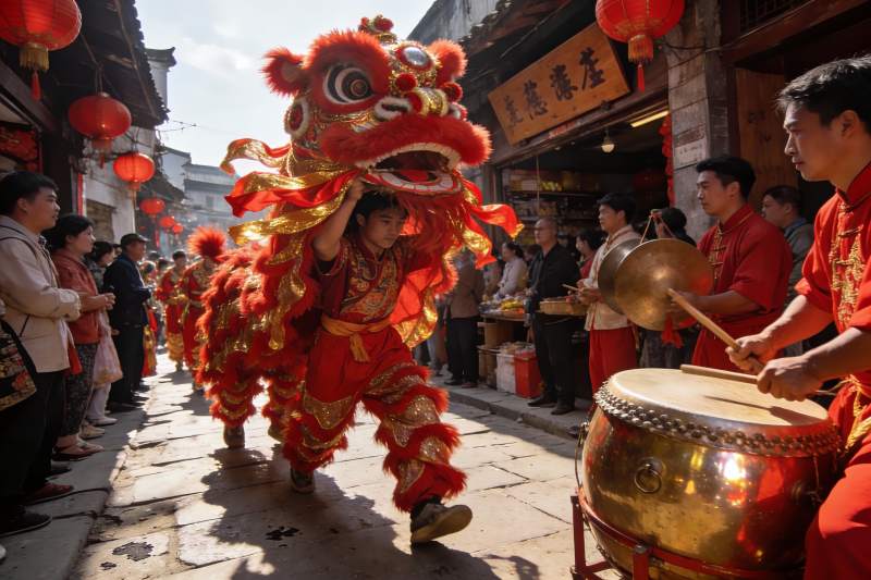 街头舞狮表演热闹非凡图片