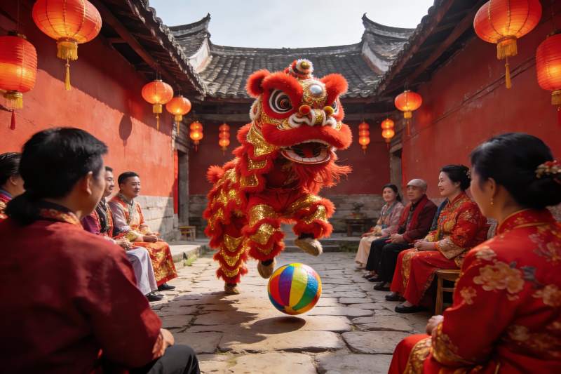 传统舞狮表演热闹非凡图片