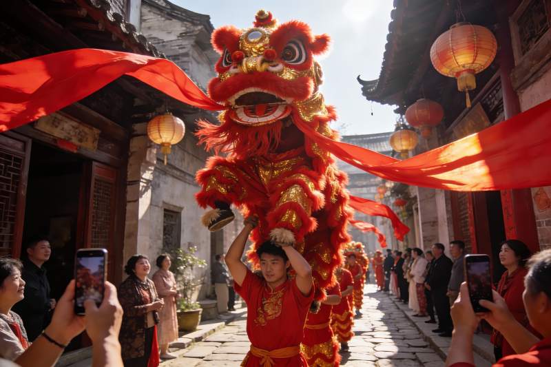 街头舞狮表演热闹非凡图片