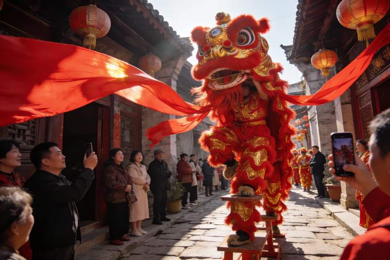 街头舞狮表演热闹非凡图片