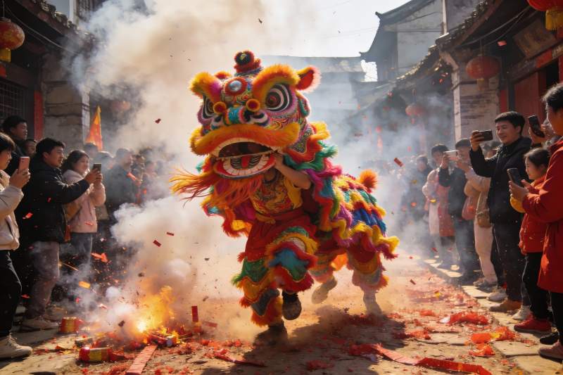 街头舞狮表演热闹非凡图片