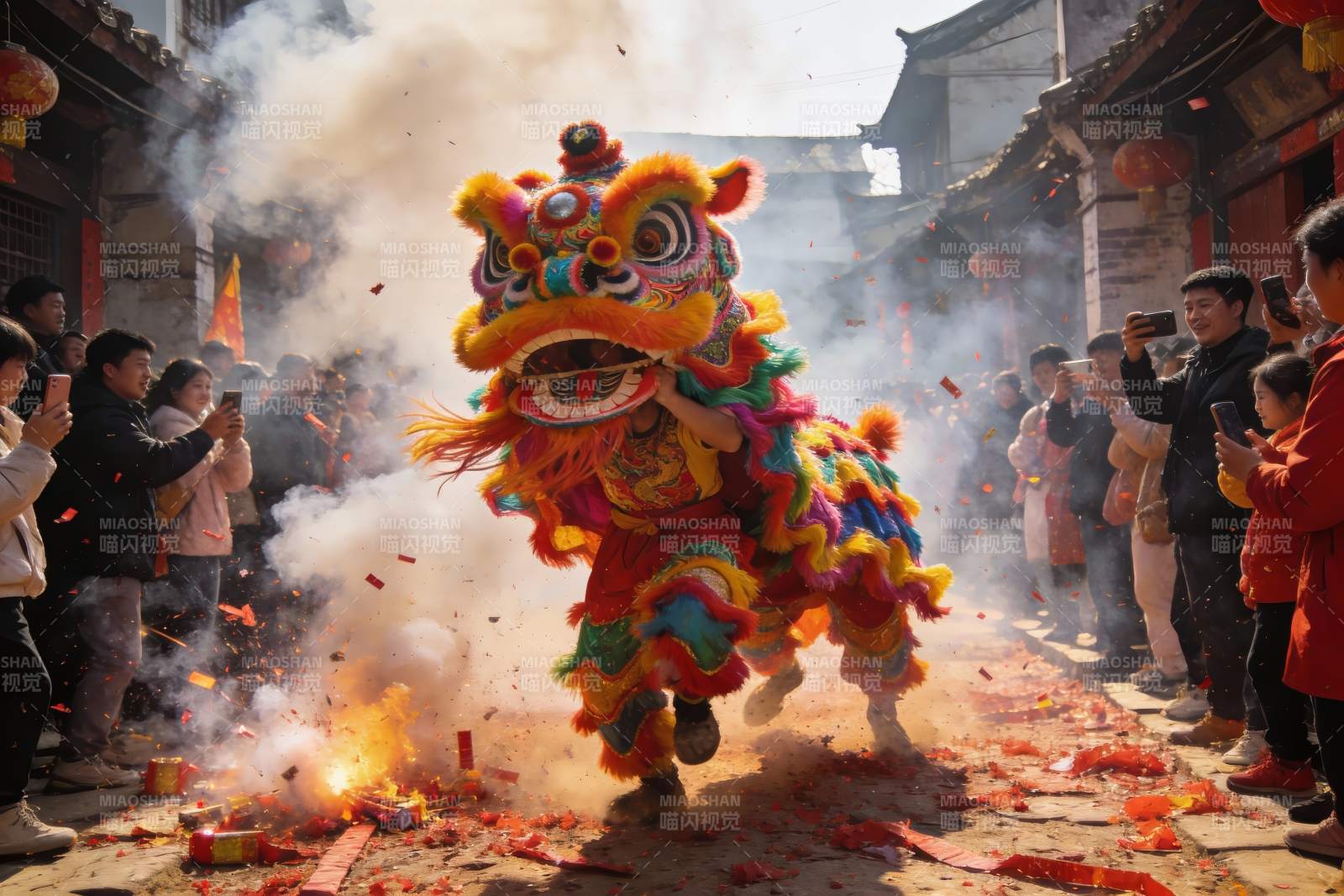 街头舞狮表演热闹非凡图片